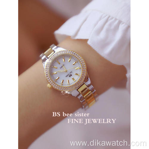 BS Watch 1258 Ladies Top Brand Luxury Wrist Watches Dress Gold Women Crystal Diamond Stainless Steel Watch